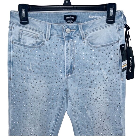 NWT Bebe Shooting Star Skinny Jeans 29 Crystal Rhinestone Light Wash Y2K Glam - Picture 5 of 15